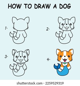 How to draw a Cute  Dog. Good for drawing child kid illustration. Vector illustration	
