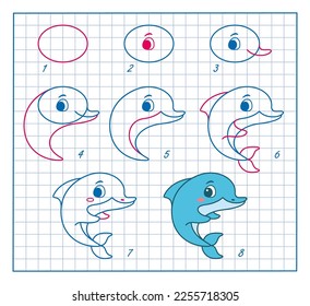 How to Draw Cute Dolphin  Step by Step Lesson for Kids cartoon vector illustration