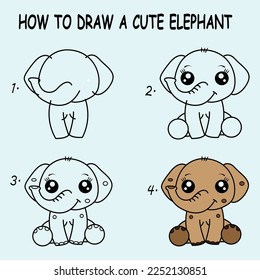 How to draw a Cute Elephant. Good for drawing child kid illustration. Vector illustration	
