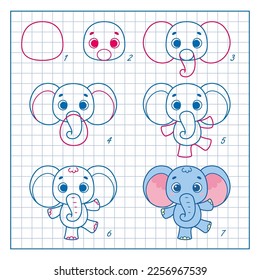 How to Draw Cute Elephant, Step by Step Lesson for Kids cartoon vector illustration