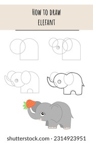 How to Draw Cute Elephant, Step by Step Lesson for Kids cartoon vector illustration