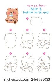 How to draw cute fat bear vector illustration. Draw bear and bubble milk tea step by step. Cute and easy drawing guide.