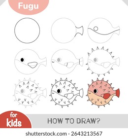 Como desenhar peixe fugu bonito em passos simples. Tutorial de desenho perfeito para crianças em idade pré-escolar e elementar explorando animais subaquáticos. Planilha de desenho animado vetorial