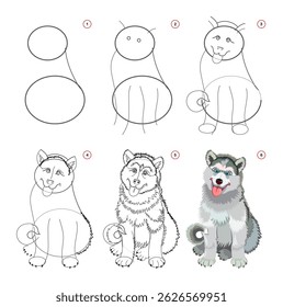 How to draw a cute husky puppy. Educational page for children. Creation step by step animal illustration. Printable worksheet for kids school exercise book. Online education. Flat vector drawing.