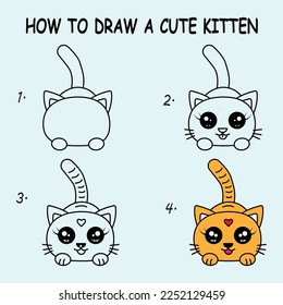 How to draw a Cute Kitten. Good for drawing child kid illustration. Vector illustration	
