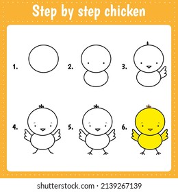 How to draw cute little chicken. Educational page for children. Creation step by step  illustration. Printable worksheet for kids school exercise book.