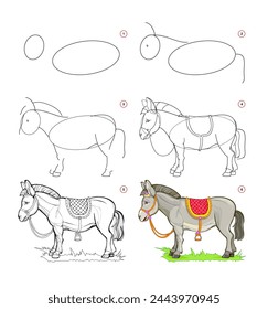 How to draw a cute little donkey. Educational page for children. Creation step by step animal illustration. Printable worksheet for kids school exercise book. Online education. Vector drawing.