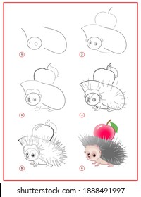 How to draw cute little hedgehog with apple. Educational page for children. Creation step by step prehistoric animal illustration. Printable worksheet for kids school exercise book. Online education.