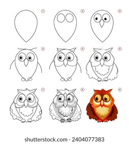 How to draw a cute little owl. Educational page for children. Creation step by step animal illustration. Printable worksheet for kids school exercise book. Online education. Vector drawing.