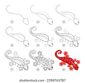 How to draw a cute little red gecko. Educational page for children. Creation step by step animal illustration. Printable worksheet for kids school exercise book. Online education. Vector drawing.