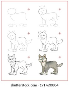 Wie man süßen kleinen Wolf zeichnet. Bildungs-Seite für Kinder. Kreation Schritt für Schritt Tiergrafik. Druckbogen für Kinderschulübungen. Online-Bildung.