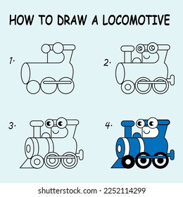 Cómo dibujar una Locomotora Cute. Es bueno para dibujar una ilustración infantil. Ilustración del vector	
