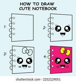 Cómo dibujar un Cute NoteBook. Es bueno para dibujar una ilustración infantil. Ilustración del vector	
