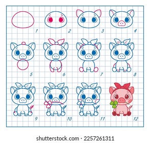 How to Draw Cute Pig, Step by Step Lesson for Kids cartoon vector illustration