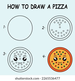 Cómo dibujar una pizza pequeña. Es bueno para dibujar una ilustración infantil. Ilustración del vector	
