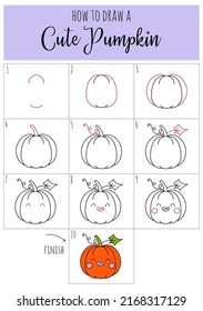 How to draw cute pumpkin for children  Step by step drawing tutorial  Easy  guide to learning to draw  Halloween holiday activity game  