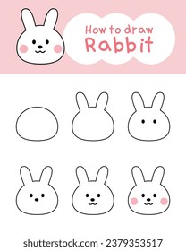 How to draw cute rabbit cartoon for learning, kid, coloring book. Vector illustration