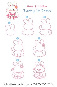 How to draw cute rabbit in the dress vector illustration. Draw bunny in the dress step by step. Cute and easy drawing guide.