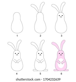 How to draw a cute rabbit or hare in stages, vector on a white background.