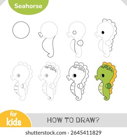 How to draw a cute seahorse step by step. A simple guide created for children and beginners learning about sea animals through creative drawing. Cartoon vector worksheet