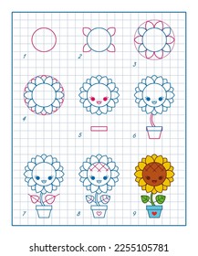How to Draw Cute Sunflower, Step by Step Lesson for Kids cartoon vector illustration