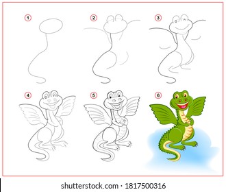 How to draw cute toy dragon. Educational page for children. Creation step by step animal illustration. Printable worksheet for kids school exercise book. Online education.