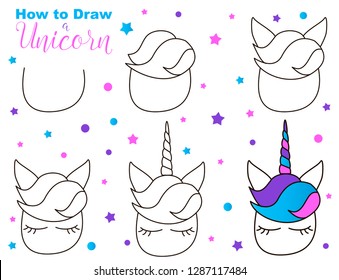 How To Draw Cute Unicorn. Easy Steps For Children Activity. Kawaii Creature With Eyes And Lushes. Vector Illustration