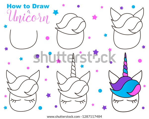 How Draw Cute Unicorn Easy Steps Stock Vector Royalty Free 1287117484