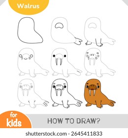 How to draw a cute walrus using step-by-step simple guide. Fun activity for children interested in sea life and simple line art tutorials. Vector cartoon worksheet