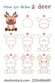 How to draw a deer vector illustration. Draw a reindeer step by step. Cute and easy drawing guide.