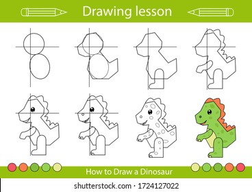 How to draw a dinosaur. Step by step learning draw. Drawing tutorial. Lesson for kids. Coloring page for book. Children educational art page. Vector illustration