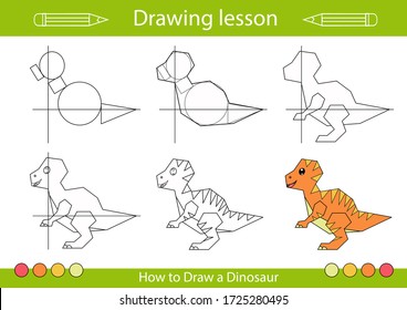 How to draw a dinosaur. Step by step learning draw. Drawing tutorial. Lesson for kids. Coloring page for book. Children educational art page. Vector illustration