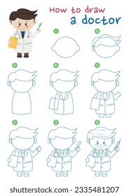 Cómo dibujar una ilustración de un vector médico. Dibujar un médico paso a paso. Guía de dibujo suave y sutil.