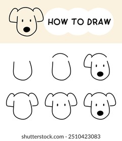 How to draw dog face cartoon step by step for learning, kid, education and coloring book. Vector illustration