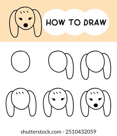 How to draw dog face cartoon step by step for learning, kid, education and coloring book. Vector illustration