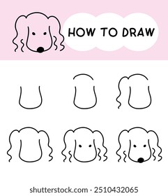 How to draw dog face cartoon step by step for learning, kid, education and coloring book. Vector illustration