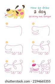 How to draw a dog sticking out tongue vector illustration. Draw a dog sticking out tongue step by step. Cute and easy drawing guide.