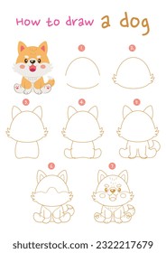 How to draw a dog vector illustration. Draw a puppy step by step. Cute and easy drawing guide.