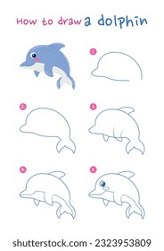 How to draw a dolphin vector illustration. Draw a dolphin step by step. Cute and easy drawing guide.