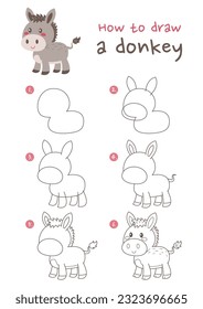 How to draw a donkey vector illustration. Draw a donkey step by step. Cute and easy drawing guide.