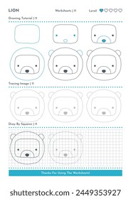 How to Draw Doodle Animal Lion, Cartoon Character Step by Step Drawing Tutorial. Activity Worksheets For Kids. Vector eps 10