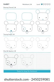 Cómo Dibujar Ratón Animal Doodle, Personaje de Dibujos Animados Paso a Paso Tutorial de Dibujo. Hojas De Trabajo De Actividades Para Niños. Vector eps 10