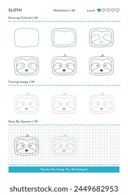 How to Draw Doodle Animal Sloth, Cartoon Character Step by Step Drawing Tutorial. Activity Worksheets For Kids. Vector eps 1