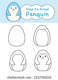 Cómo dibujar doodle lindo pingüino para colorear libro. Ilustración del vector