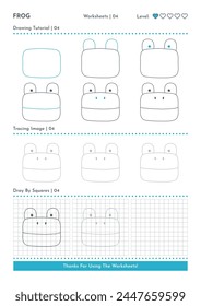 How to Draw Doodle Frog, Cartoon Character Step by Step Drawing Tutorial. Activity Worksheets For Kids. Vector eps 10