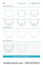 Wie man Doodle Pig zeichnet, Cartoon Charakter Schritt für Schritt Zeichnen Tutorial. Aktivitätsarbeitsblätter für Kinder. Vektorgrafik EPS 10