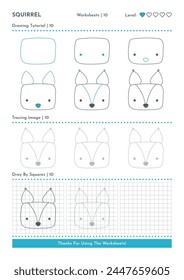 How to Draw Doodle Squirrel, Cartoon Character Step by Step Drawing Tutorial. Activity Worksheets For Kids. Vector eps 10