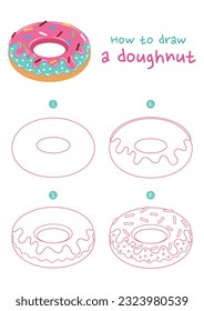 How to draw a doughnut vector illustration. Draw a donut step by step. Cute and easy drawing guide.