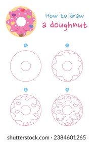 How to draw doughnut vector illustration. Draw doughnut step by step. Cute and easy drawing guide.