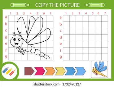 How to draw a dragonfly. Step by step use grid learning draw. Drawing tutorial. Lesson for kids. Coloring page for book. Children educational art page. Vector illustration.